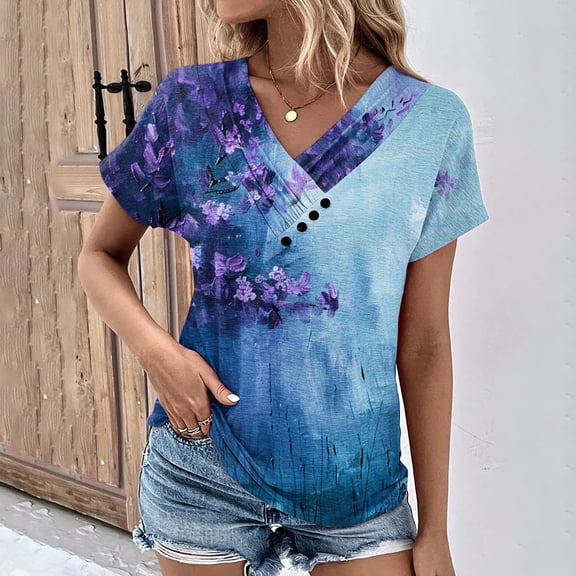 qelini Womens Short-Sleeved V Neck Cotton Tops Beach T-Shirt Blouse Ladies Flowers and Plants Printed Pullover Loose Casual Fashion Breathable Blue 3XL