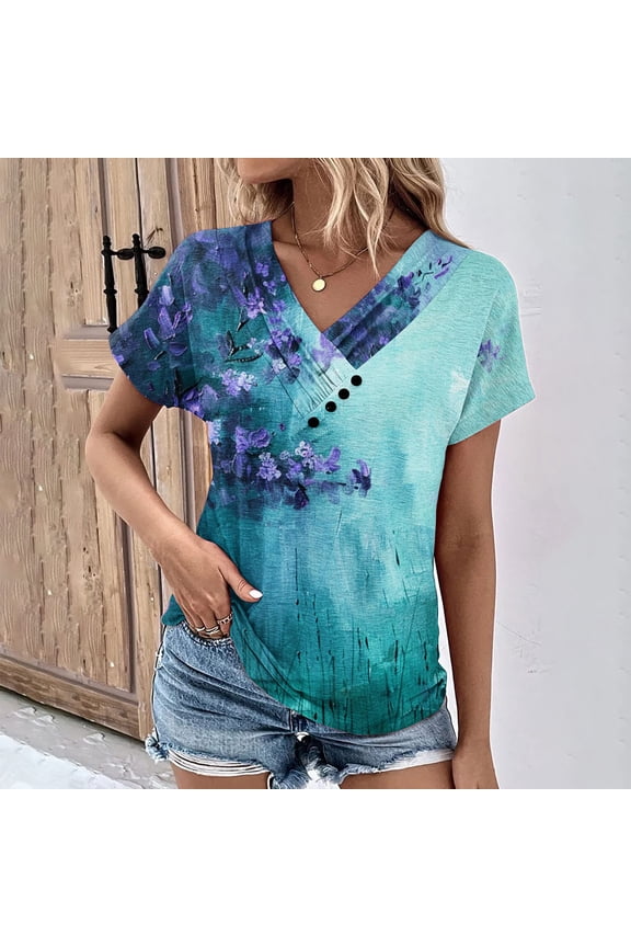 Womens Short-Sleeved V Neck Cotton Tops Beach T-Shirt Blouse Ladies Flowers and Plants Printed Pullover Loose Casual Fashion Breathable Green L
