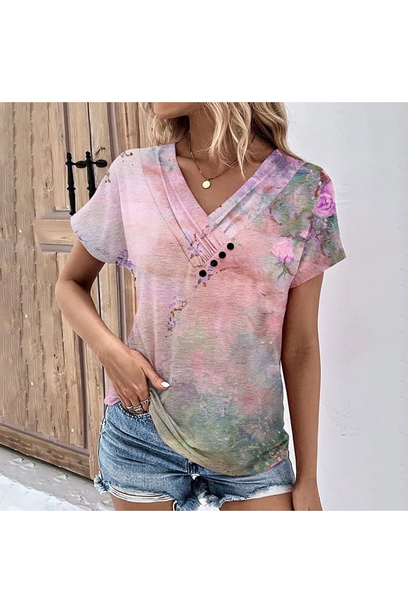 Womens Short-Sleeved V Neck Cotton Tops Beach T-Shirt Blouse Ladies Flowers and Plants Printed Pullover Loose Casual Fashion Breathable Pink M