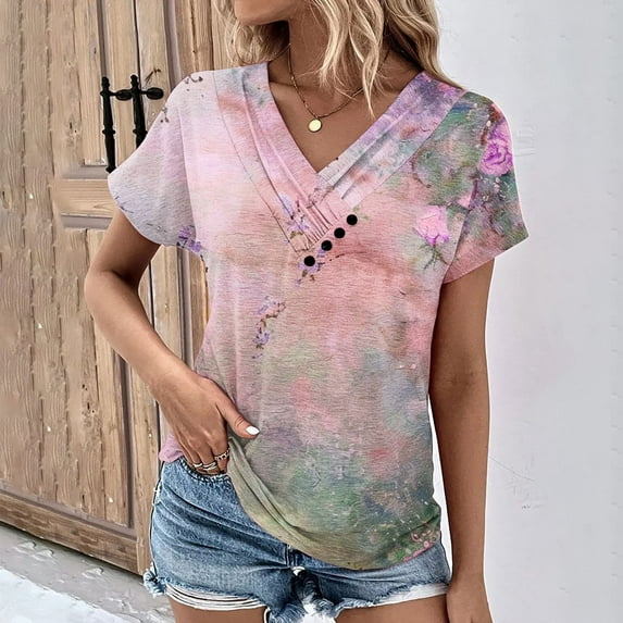 qelini Womens Short-Sleeved V Neck Cotton Tops Beach T-Shirt Blouse Ladies Flowers and Plants Printed Pullover Loose Casual Fashion Breathable Pink M