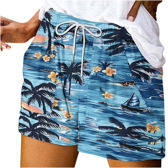 qelini Womens Shorts Drawsting High Waist Bermudas Shorts Tropical Print Lounge Shorts for Summer Beach Vacation