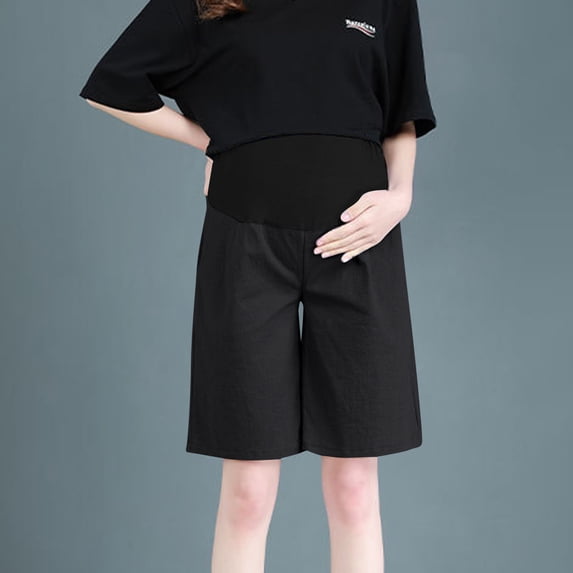 qelini Womens Shorts Maternity Plus Size High Waist Solid Belly Support Pants Cotton Linen Elastic Short Pants