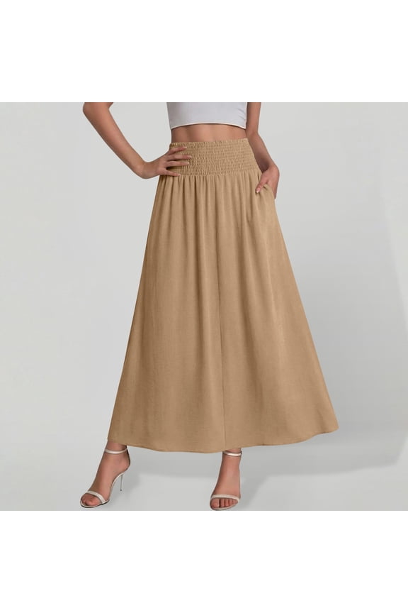 Womens a Line Midi Skirt Long Skirt Elastic High Waist A-line Skirt Solid Color Summer Skirt