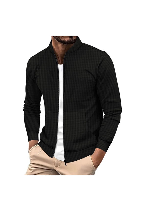 Work Jacket for Men Waffle Long Sleeve Stand Collar Coats Solid Zip up Jackets Dressy Winter Outerwear