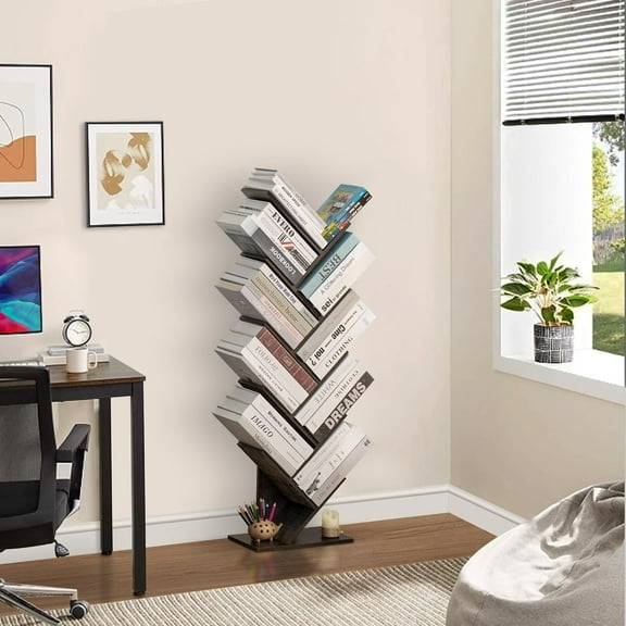 qewtrs 10 Tier Tree Book Shelf  Floor Standing Wood Bookshelf for Narrow Space  Storage Organizer Bookshelves for Books/CDs/Magazine  Bookcase with Shelves for Home Office   Room - Black