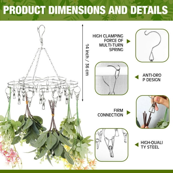qewtrs 4 Pcs Hanging Drying Rack for Herb Macrame Flower with Stainless Clip Dryer Hook for Drying Herb Air Plants Spices Flower Hydroponic Plant Ready to Use with Ceiling Hook(Rectangle)