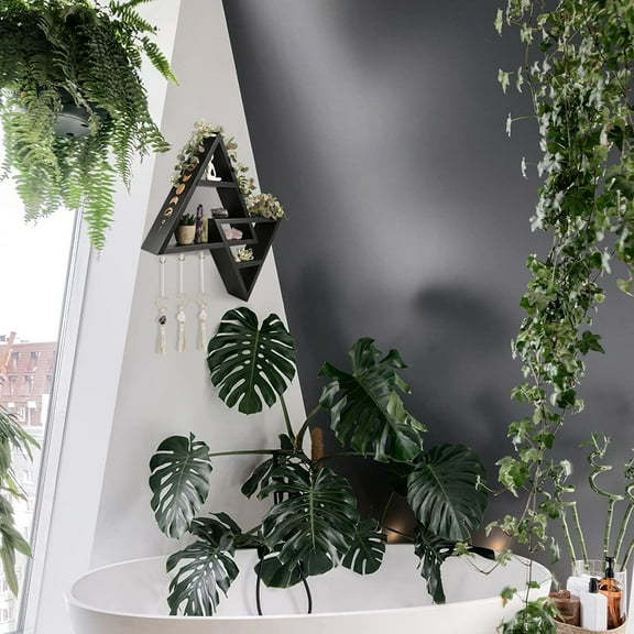 qewtrs ANROYE Moon Phases Triangle Shelf with Hooks  Wiccan Black Wood Crystal Shelves for Storage Women Jewelry Gem Stone  Pagan Pyramid Geometrical Decor Holder Display for Altar Medita