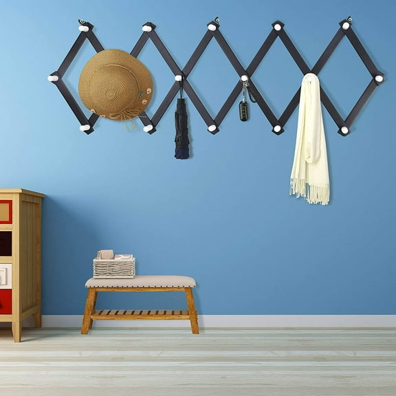 qewtrs Accordian Wall Hanger  16\u201D High Wooden Wall Expandable Coat Rack  Hat Rack Holder  Accordion Hook for Baseball Caps  Coats  Mugs  16 Peg Hooks  White gtr