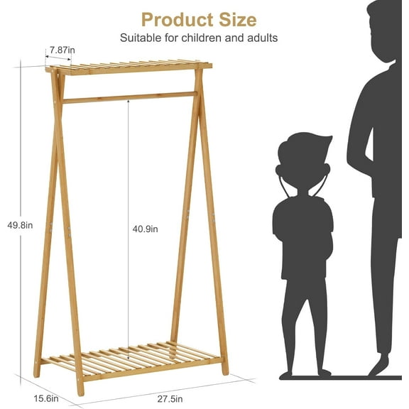 qewtrs Clothes Rack Bamboo  Dress  Storage with 2 Storage Shelves Portable Garment Rack Organizer for Bedroom Playroom Nursery Entryway gtr