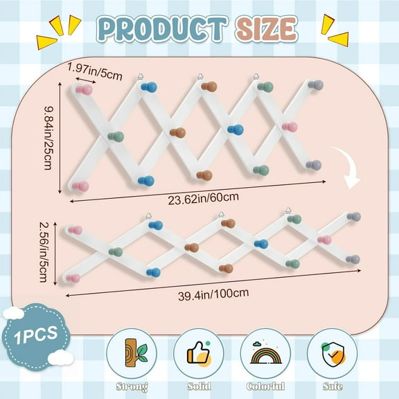 qewtrs Coat Rack Wall Mount Expandable Toddler Wooden Hanger Cute Coat Rack Rainbow Accordion Wall Hanger for  Children Hanging Backpack Bedroom Classroom Hat Clothes (Bright Color) gtr