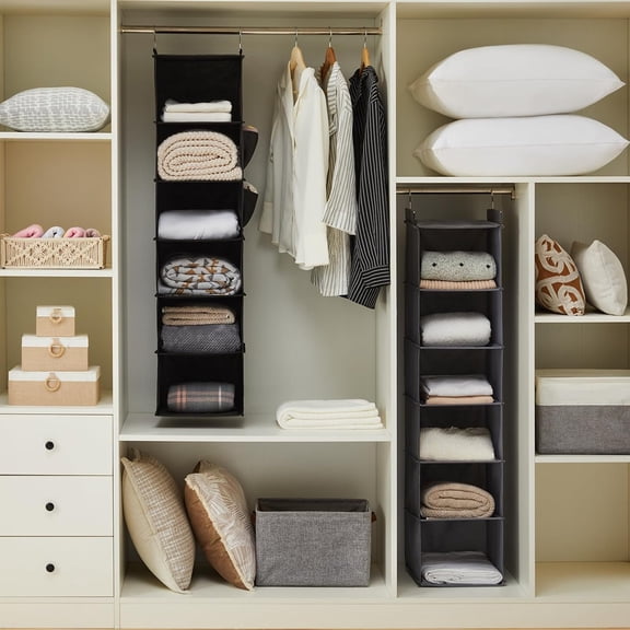 qewtrs Hanging Closet Organizer and Storage  6-Shelf Closet Hanging Shelves | Sturdy Bamboo Structure Cloth Hanging Storage  Sweater Organizer  11.8\u201D x 11.8\u201D x 47.2\u201D  Light