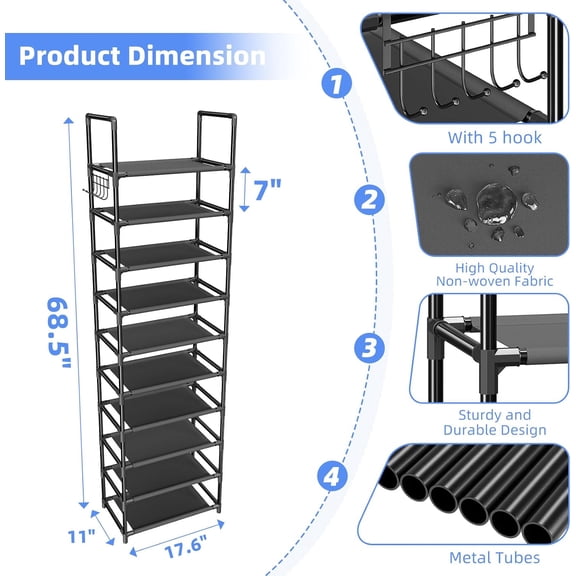 qewtrs Narrow Shoe Rack with Cover  10 Tier Shoe Organizer Storage  Tall Free Standing Shoe Cabinet Holds 20 Pairs for Closet  Black gtr