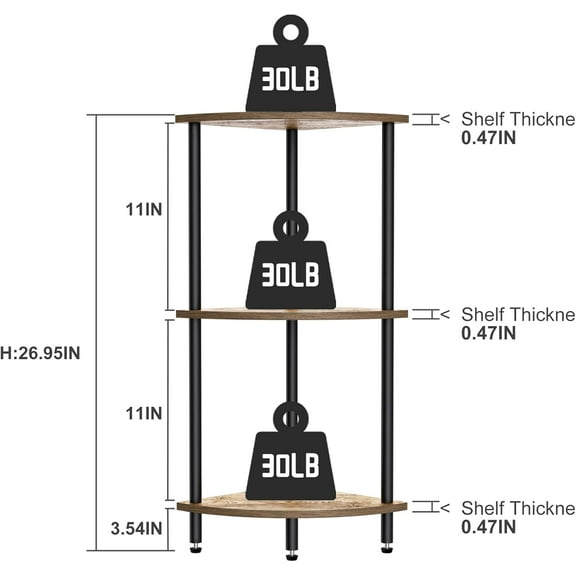 qewtrs QLSPTFTS 3 Tier Corner Shelf Corner Bookcase for Small Spaces  Display Shelf Narrow Bookshelf  Brown and Black Suitable for Bedroom  Room Kitchen gtr