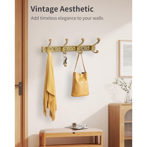 qewtrs Vintage Coat Rack Wall Mount  Decorative Wall Coat Rack with 4 Hooks for Hanging Key Purse Hat Robe Towel Clothes Unique Hanger for Bathroom Shower Entryway Antique Brass 2 Pack gt