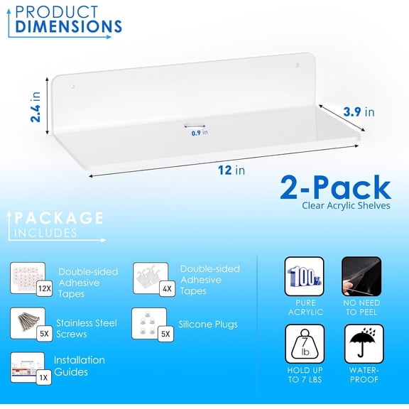 opiuigvbnl White Acrylic Floating Shelves Set of 2 - Damage Free Expand Wall Space - 12 Inch Wall Shelves with Strong Adhesive for Bathroom  Bedroom  etc