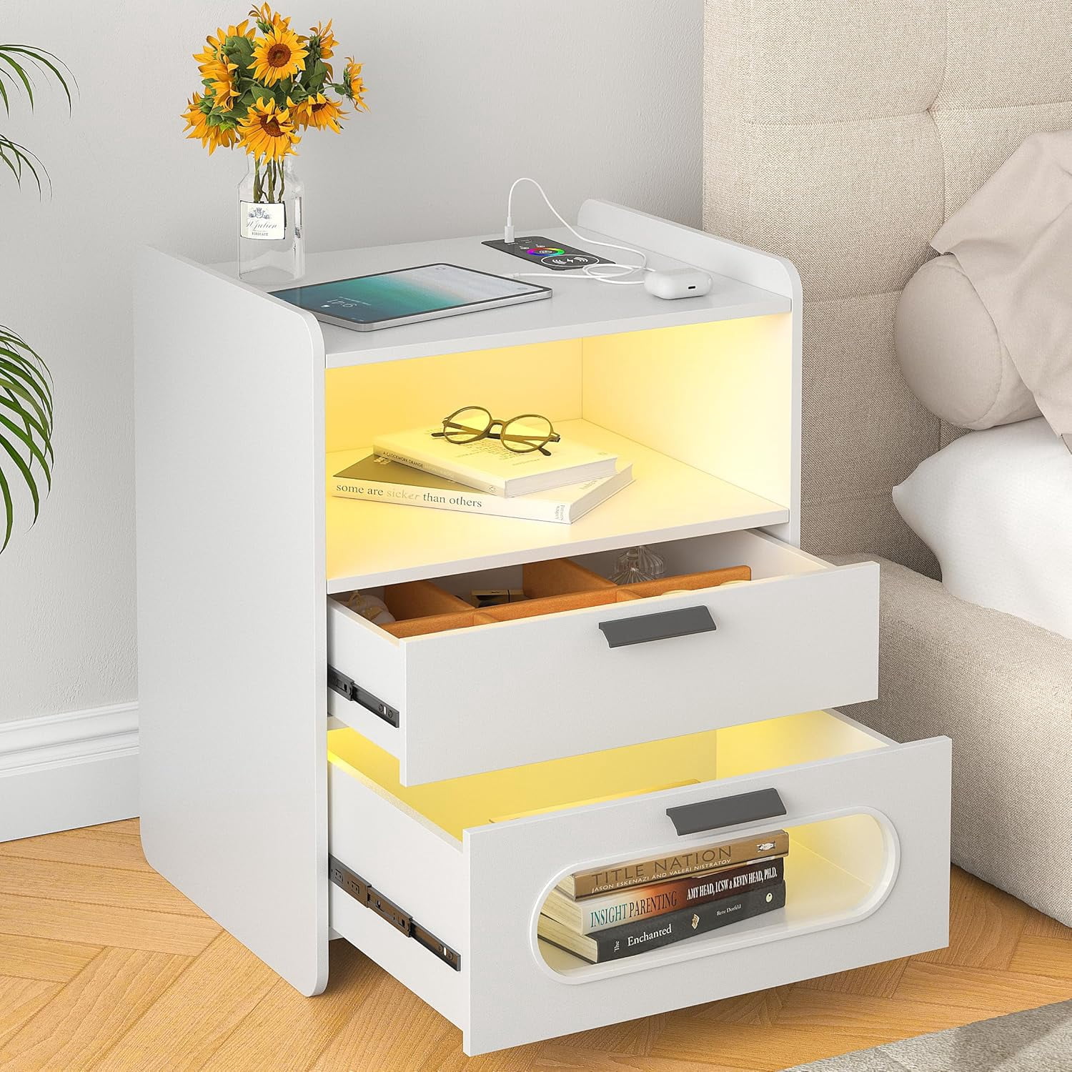 qfyfedhgh LED Nightstand with Charging Station 3 Drawer Modern Bedside ...