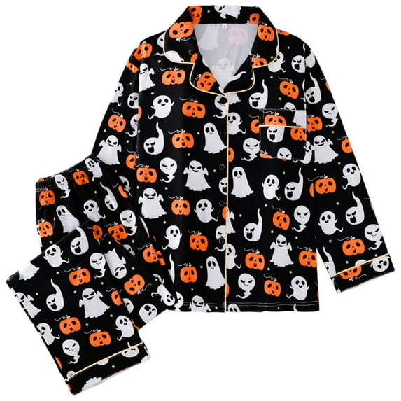 Arlun Halloween Printed Pajamas for Women Sets Button down Long Sleeve Shirts and Long Pants Fashion Loose Soft Comfortable Loungewear Sets Black2 XL