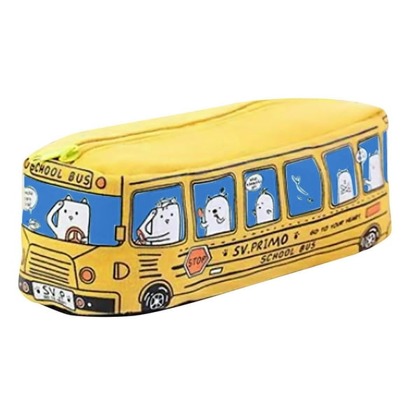 qiangxu,Preppy Pencil Cases Cute Cartoon City Bus Pencil Pouch Large Canvas Zipper Pencil Case Stationery Organizer Pen Bags Soft Pencil Bags Holder Storage Supplies Yellow 7.48*2.56*2.36''