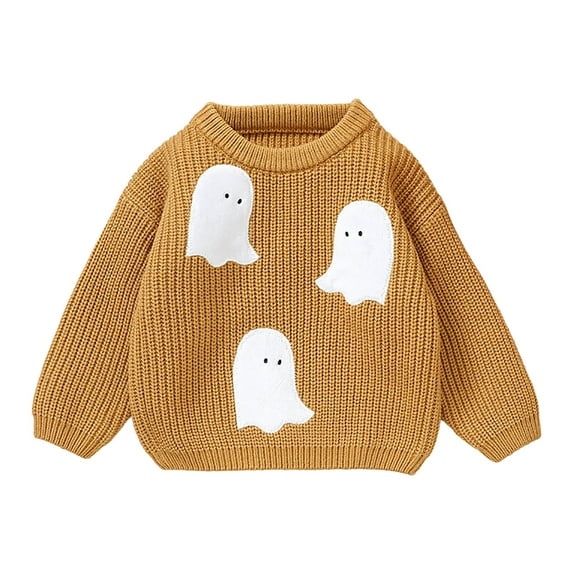 qiiinnHk Baby Boy Girl Halloween Outfit Toddler Pumpkin Embroidery Sweater Warm Knit Sweatshirt Fall Winter Clothes Khaki,18-24 Months