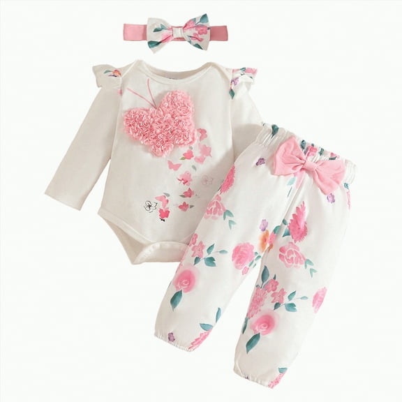 qiiinnHk Baby Girl Clothes Baby Long Sleeve Ruffle Romper Flower Pants Fall Winter Outfits 3PCS Gifts Set Baby Girls' Clothing 9-12 Months,White