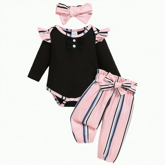 qiiinnHk Baby Girl Clothes Cute Outfits for Girls Ruffle Romper Tops Striped Pants Sets Fall Winter Clothing 6-9 Months,Pink