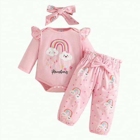 qiiinnHk Baby Girl Clothes Girl Long Sleeve Bow Print Romper and Pant Set Fall Winter Outfits 3-6 Months,Pink