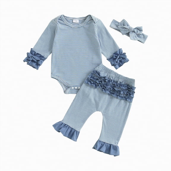 qiiinnHk Baby Girl Clothes Ruffles Striped Long Sleeve Romper Bodysuit Elastic Pants Set Cute Fall Winter Outfits 6-9 Months,Blue