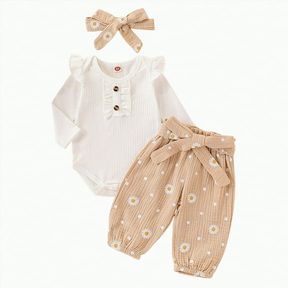 qiiinnHk Baby Girls Clothes Girl Fall Winter Outfits Ribbed Knit Romper Tops and Daisy Print Pants Headband Clothing Sets 6-12 Months,Khaki