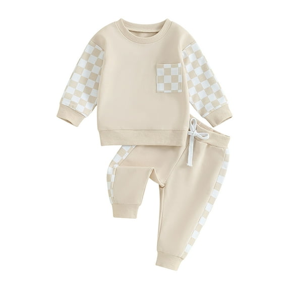 qiiinnHk Fall Winter Toddler Baby Boy Clothes 2Pcs Color Block Crewneck Sweatshirt and Pants Sweatsuit Little Boys Clothes 6-12 Months,Beige