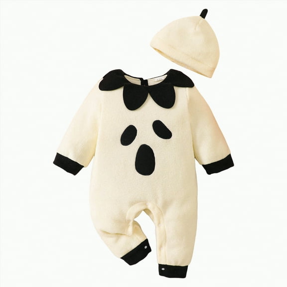 qiiinnHk First Halloween Baby Boy Girl Outfit Pumpkin Romper Jumpsuit 2Pcs Fall Winter Clothes with Hat 6-12 Months,White