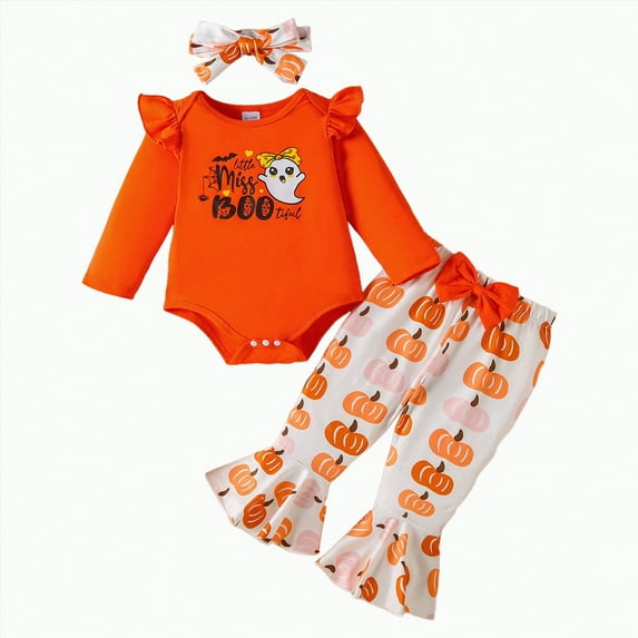 qiiinnHk First Halloween Baby Girl Outfit Ghost Long Sleeve Romper Pumpkin Print Flare Pants Headband 3Pcs Fall Winter Clothes Sets 6-9 Months,Orange