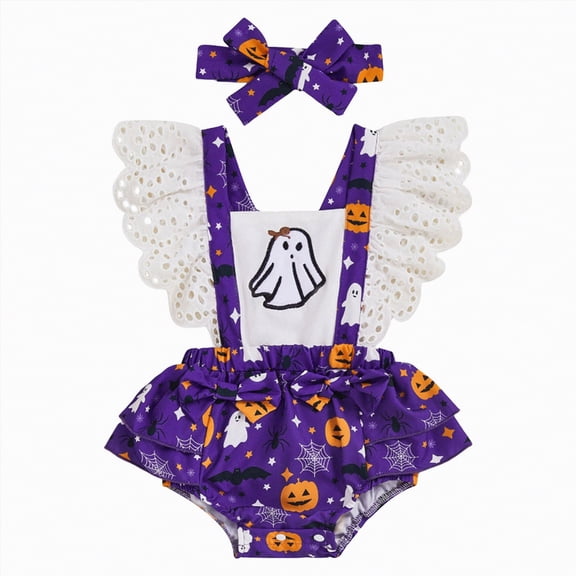 qiiinnHk My First Halloween Baby Girl Outfit Ruffle Backless Pumpkin Ghost Romper Bodysuit Fall Winter Clothes with Headband 0-3 Months,Purple