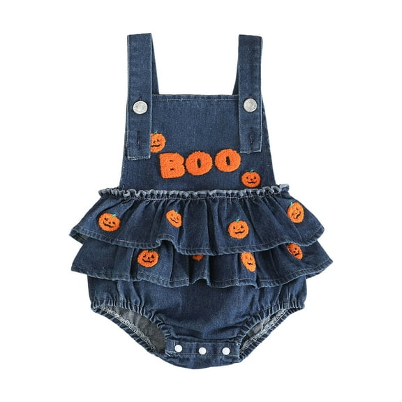 qiiinnHk Halloween Baby Girl Outfit Denim Jeans Romper Pumpkin/Ghost Onesie Overall Bodysuit First Halloween Girl Clothes 0-3 Months,Orange