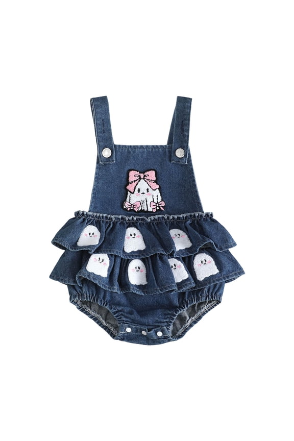 Halloween Baby Girl Outfit Denim Jeans Romper Pumpkin/Ghost Onesie Overall Bodysuit First Halloween Girl Clothes 0-3 Months,White