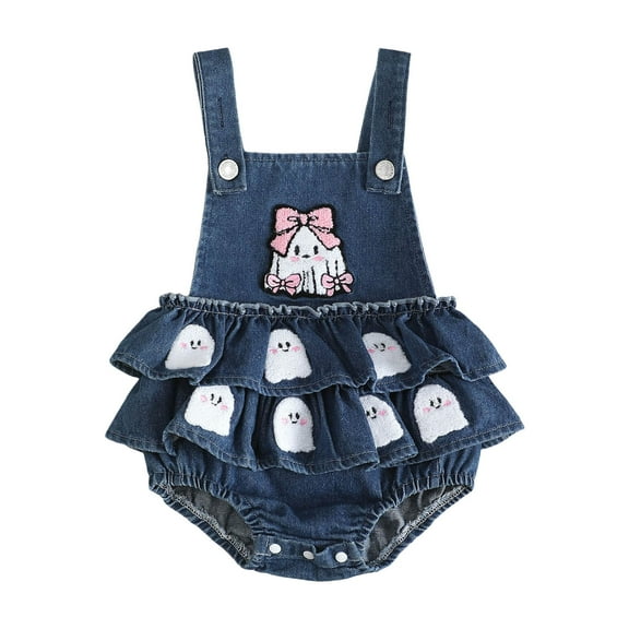 qiiinnHk Halloween Baby Girl Outfit Denim Jeans Romper Pumpkin/Ghost Onesie Overall Bodysuit First Halloween Girl Clothes 3-6 Months,White