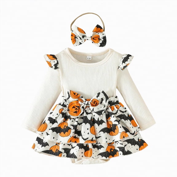 qiiinnHk Halloween Outfits Baby Girl Ruffle Long Sleeve Dress Romper and Headband Cute Fall Winter Clothes 12-18 Months,White