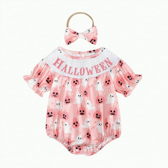 qiiinnHk Halloween Outfits for Baby Girls Ghost Pumpkin Bubble Romper Short Sleeve Smocked Bodysuit with Headband Clothes 3-6 Months,Red