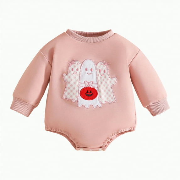 qiiinnHk Halloween Outfits for Baby Boy Girl Embroidery Long Sleeve Sweatshirt Romper Bubble Onesie Fall Winter Outfits 0-3 Months,Pink
