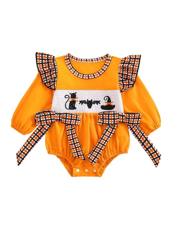 Baby Girl Halloween Outfit Fall Clothes Embroidery Smocked Romper Long Sleeve Bubble Bodysuit Top 0-3 Months,Orange
