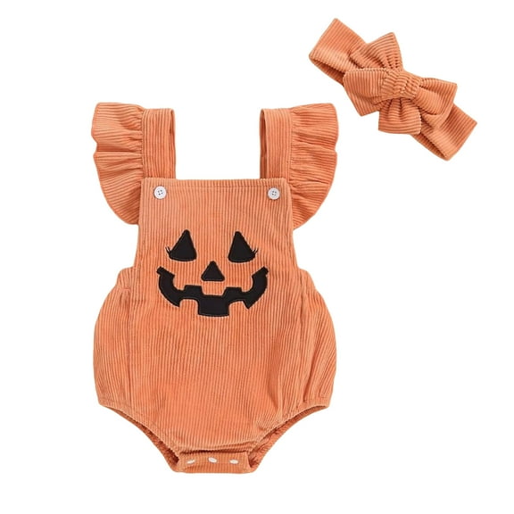 qiiinnHk Halloween Outfit Baby Girl Pumpkin Smiling Face Embroidery Striped 1st Halloween Girl Clothes 3-6 Months,Orange
