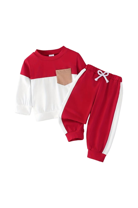 Toddler Baby Boy Clothes Fall Winter Outfit Patchwork Long Sleeve Sweatshirt Tops Stretch Pants Playwear Toddler Sets for Boys 6-9 Months,Red
