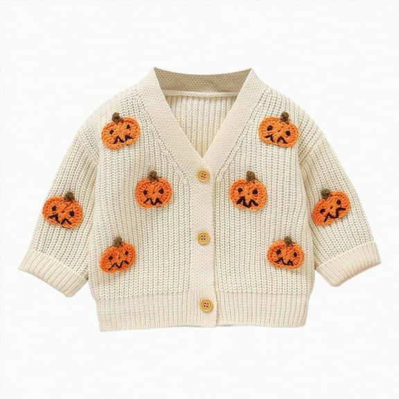 qiiinnHk Toddler Baby Girl Boy Knit Halloween Sweater Cardigan V Neck Pumpkin Button Up Sweaters Fall Winter Clothes Beige,2-3 Years