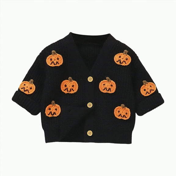 qiiinnHk Toddler Halloween Sweatshirt Boy Girl Pumpkin Embroidey Cardigan Sweater Long Sleeve Warm FalL Winter Clothes Halloween Outfits Black,2-3 Years