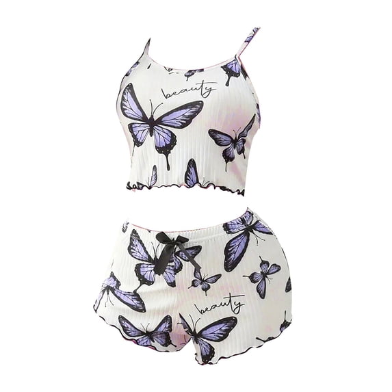 WCJM Butterfly-Printed Pajamas Pajama Set with Butterfly Print Strappy and Short Pants Two-Piece Set Women Pajama Sets