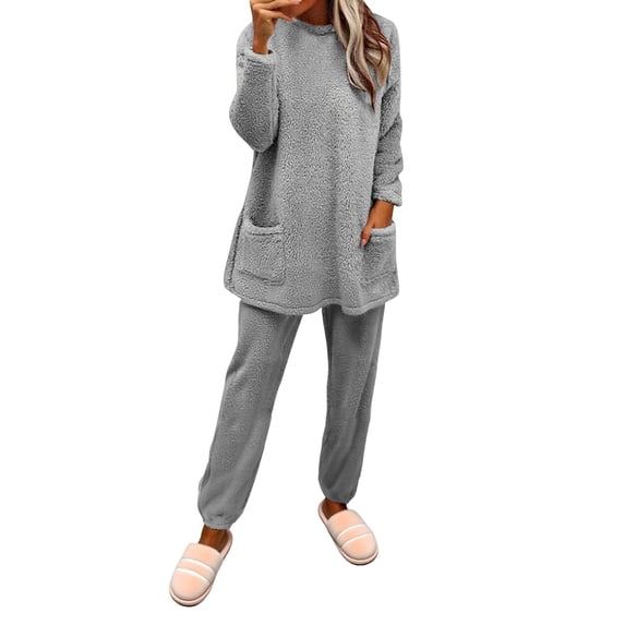 WCJM Club Outfits Women's Fall Winter Pullover Long Sleeve Set Soft Double Fleece with Embossed Design Cozy Loungewear for Cold Nights Two-Piece Set Women Pajama Sets