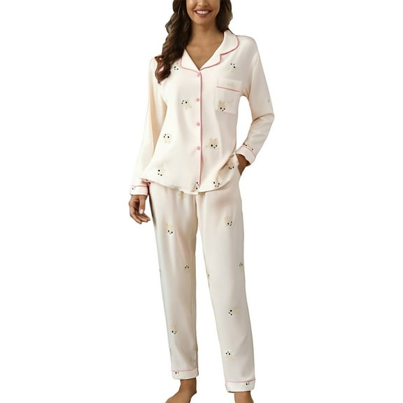 WCJM Concert Outfits Women Women Casual Lapel Button Print Two Piece Long Sleeve Pajamas Pajamas Suit Two-Piece Set Women Pajama Sets