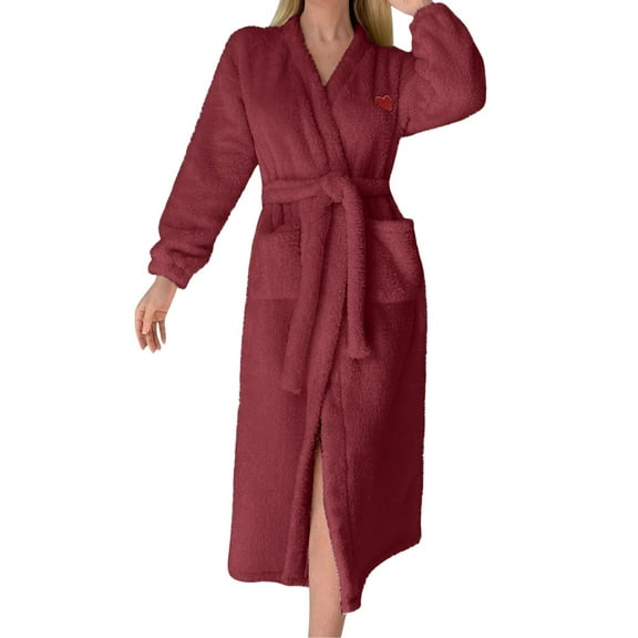 WCJM Flannel Robe Women Ladies' Flannel Plush Heart Shaped Bathrobe with Pockets and Belted Bathrobe Long Style Women Robes