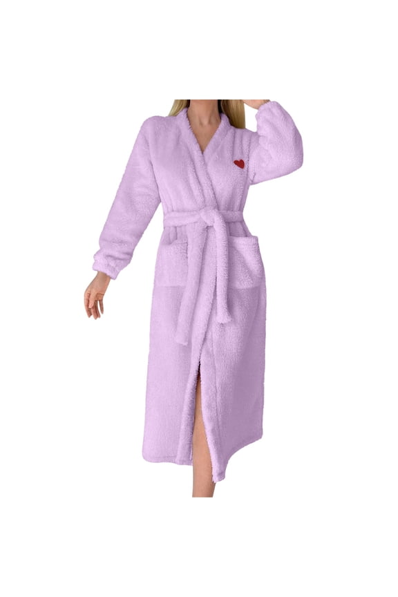 Gray Cardigans for Women Ladies' Flannel Plush Heart Shaped Bathrobe with Pockets and Belted Bathrobe Long Style Women Robes