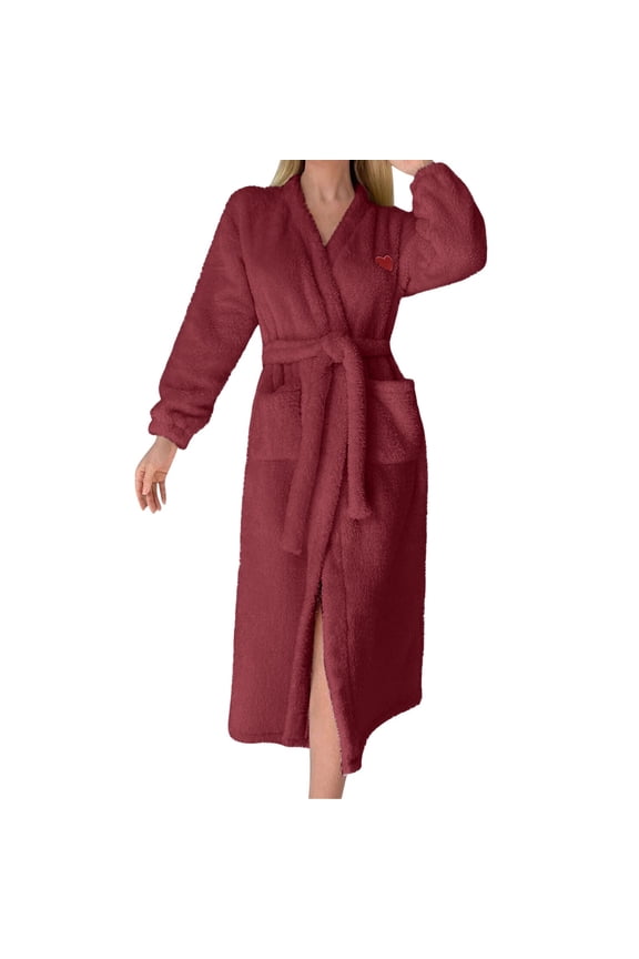 Heated Robes for Women Ladies' Flannel Plush Heart Shaped Bathrobe with Pockets and Belted Bathrobe Long Style Women Robes
