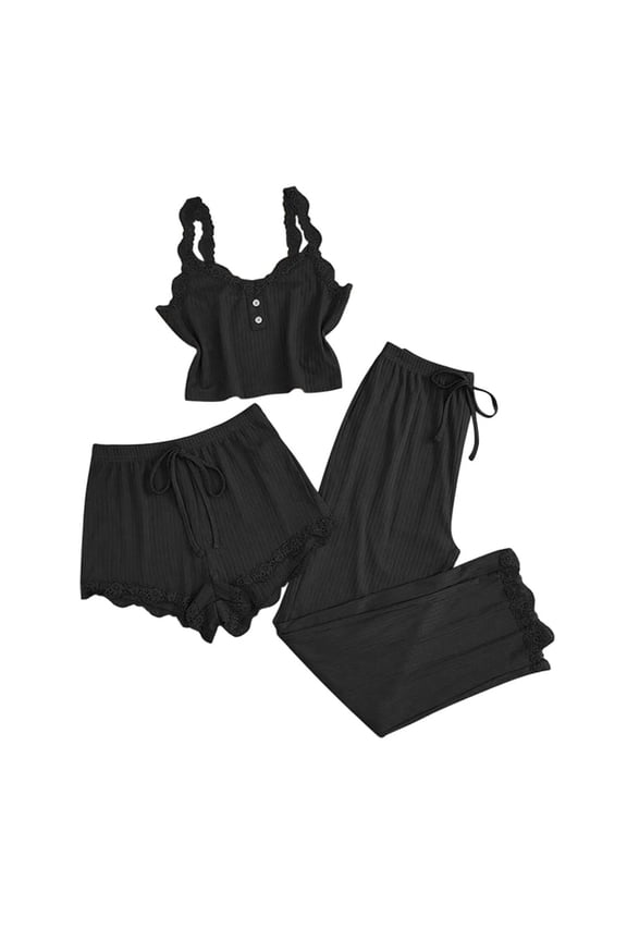 Lace-Trimmed Halter Top Women's Pyjamas Set Of 3 Lace Pyjamas Sleepwear V Neck Tank Top Pyjama Shorts 3 Piece Leisure Suit Three-Piece Set Women Pajama Sets